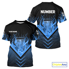 Load image into Gallery viewer, Black and Blue Fire Disc Golf T-Shirt custom flame disc golf basket jersey, disc golf shirt NQS10922