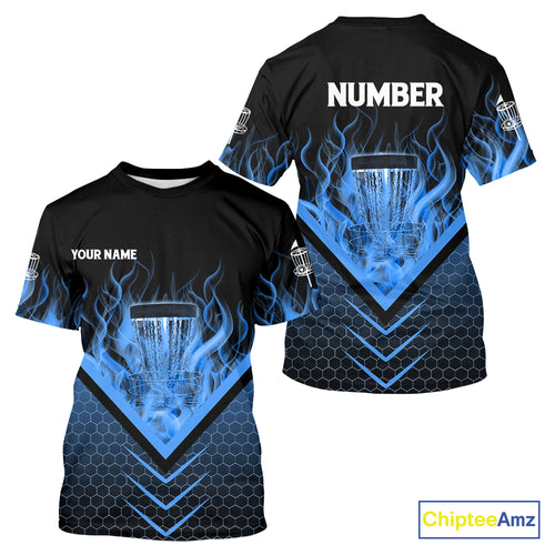 Black and Blue Fire Disc Golf T-Shirt custom flame disc golf basket jersey, disc golf shirt NQS10922