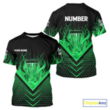 Load image into Gallery viewer, Black and Green Fire Disc Golf T-Shirt custom flame disc golf basket jersey, disc golf shirt NQS10923