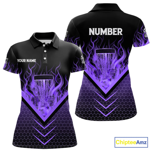 Black & Purple Fire Women Disc golf polo shirts custom flame disc golf basket jersey, disc golf shirt NQS10924