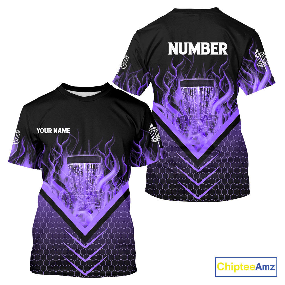 Black and Purple Fire Disc Golf T-Shirt custom flame disc golf basket jersey, disc golf shirt NQS10924