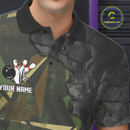 Green Camo Black Bowling Polo, Quarter Zip Shirts for Men Custom Team Bowling Jersey NQS10929