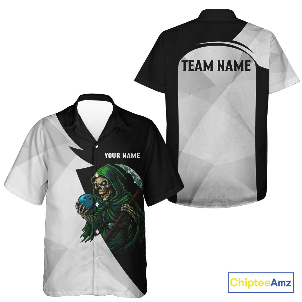 Black and White Funny Skull reaper Bowling Hawaiian Shirts Custom Team Bowling Jersey NQS11100