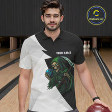 Load image into Gallery viewer, Black and White Funny Skull reaper Bowling Polo, 1/4 Zip Shirts For Men Custom Team Bowling Jersey NQS11100
