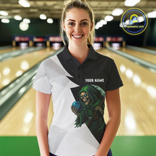 Load image into Gallery viewer, Black and White Funny Skull reaper Bowling Polo, 1/4 Zip Shirts For Women Custom Team Bowling Jersey NQS11100
