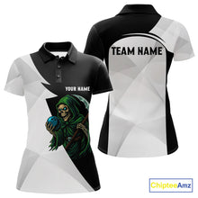 Load image into Gallery viewer, Black and White Funny Skull reaper Bowling Polo, 1/4 Zip Shirts For Women Custom Team Bowling Jersey NQS11100