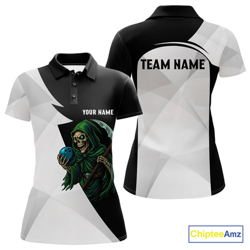 Black and White Funny Skull reaper Bowling Polo, 1/4 Zip Shirts For Women Custom Team Bowling Jersey NQS11100
