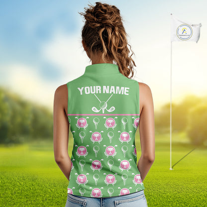 Green and Pink Golf pattern Sleeveless polo golf shirt Custom ladies's golf clothes, best golf gifts NQS11105