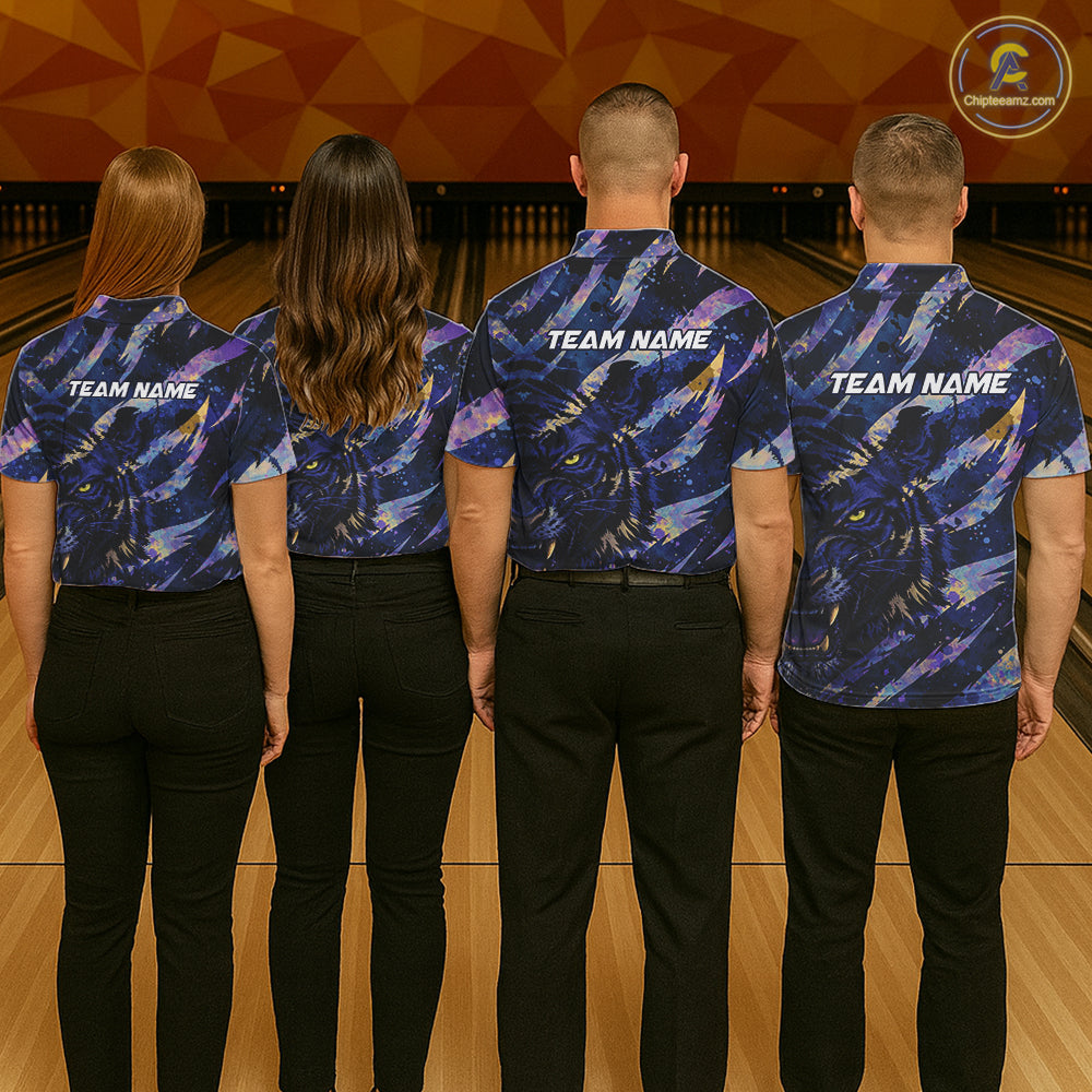 Blue and Purple watercolor Tiger Bowling Polo, Quarter Zip Shirt For Men Custom bowling Team outfit NQS11308