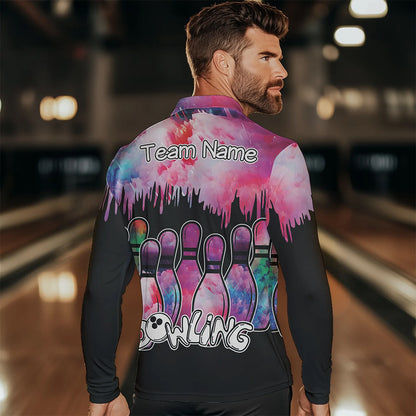 Black and Pink watercolor Bowling Polo, Quarter Zip Shirts For Men Custom Bowling Jersey Team Outfit NQS9593