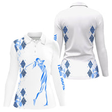 Load image into Gallery viewer, Blue Leopard argyle pattern white Women golf polo shirt custom golf wear for women, unique golf gifts NQS9736