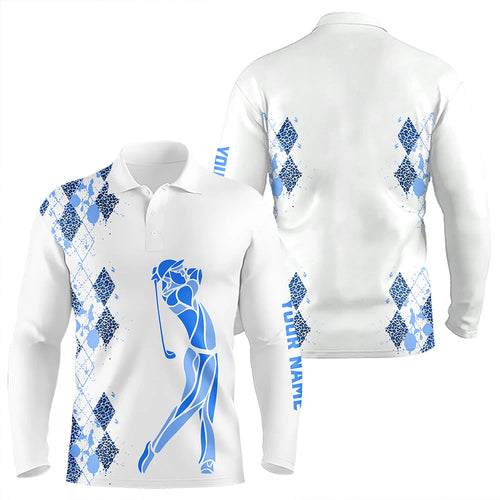 Blue Leopard argyle pattern white Men golf polo shirts custom golf wear for men, unique golf gifts NQS9736