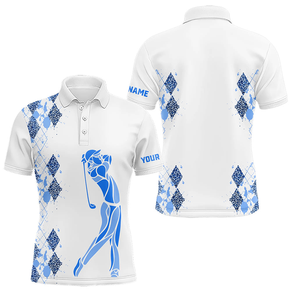 Blue Leopard argyle pattern white Men golf polo shirts custom golf wear for men, unique golf gifts NQS9736