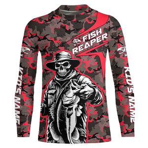 Custom Fish Reaper Skull Bass Long Sleeve Fishing Shirt, Bass Hunter Fishing Jerseys | Red Camo IPHW6506
