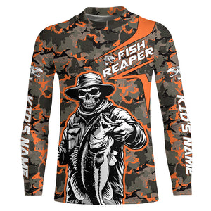 Custom Fish Reaper Skull Bass Long Sleeve Fishing Shirt, Bass Hunter Fishing Jerseys | Orange Camo IPHW6507