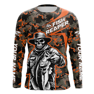 Custom Fish Reaper Skull Bass Long Sleeve Fishing Shirt, Bass Hunter Fishing Jerseys | Orange Camo IPHW6507