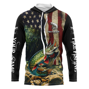 Northern Pike fishing American Flag patriotic custom name UV Protection Long Sleeve Fishing apparel NQS500