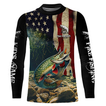 Load image into Gallery viewer, Northern Pike fishing American Flag patriotic custom name UV Protection Long Sleeve Fishing apparel NQS500