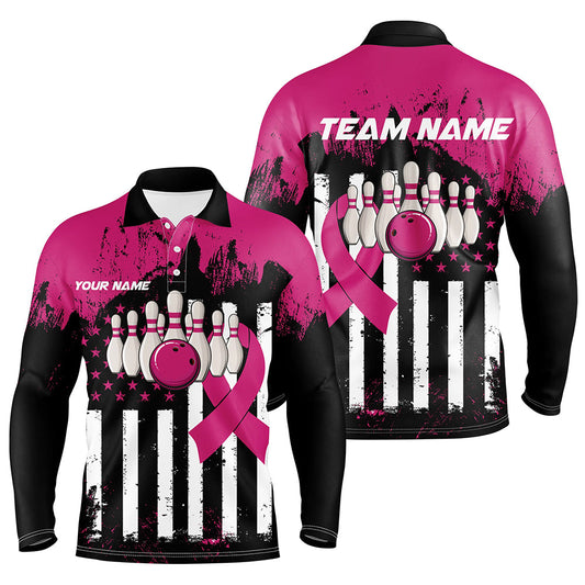 Pink and Black American flag Men Polo, 1/4 Zip Shirts Custom Breast Cancer Awareness bowling jerseys NQS8102