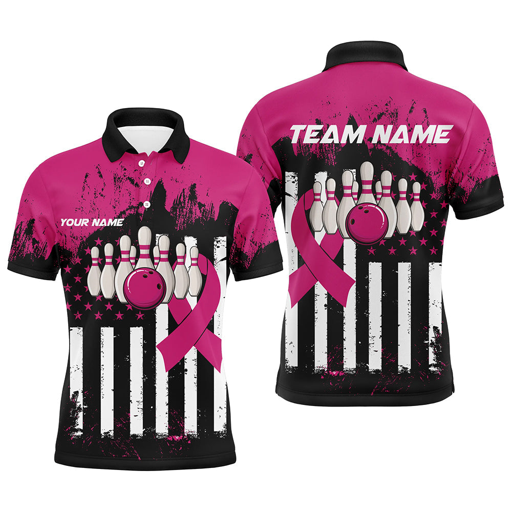 Pink and Black American flag Men Polo, 1/4 Zip Shirts Custom Breast Cancer Awareness bowling jerseys NQS8102