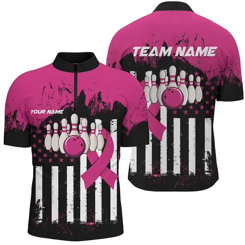 Pink and Black American flag Men Polo, 1/4 Zip Shirts Custom Breast Cancer Awareness bowling jerseys NQS8102