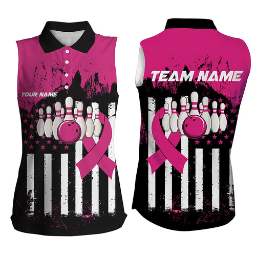 Pink and Black American flag Women Sleeveless Polo Shirt Custom Breast Cancer Awareness bowling jersey NQS8102