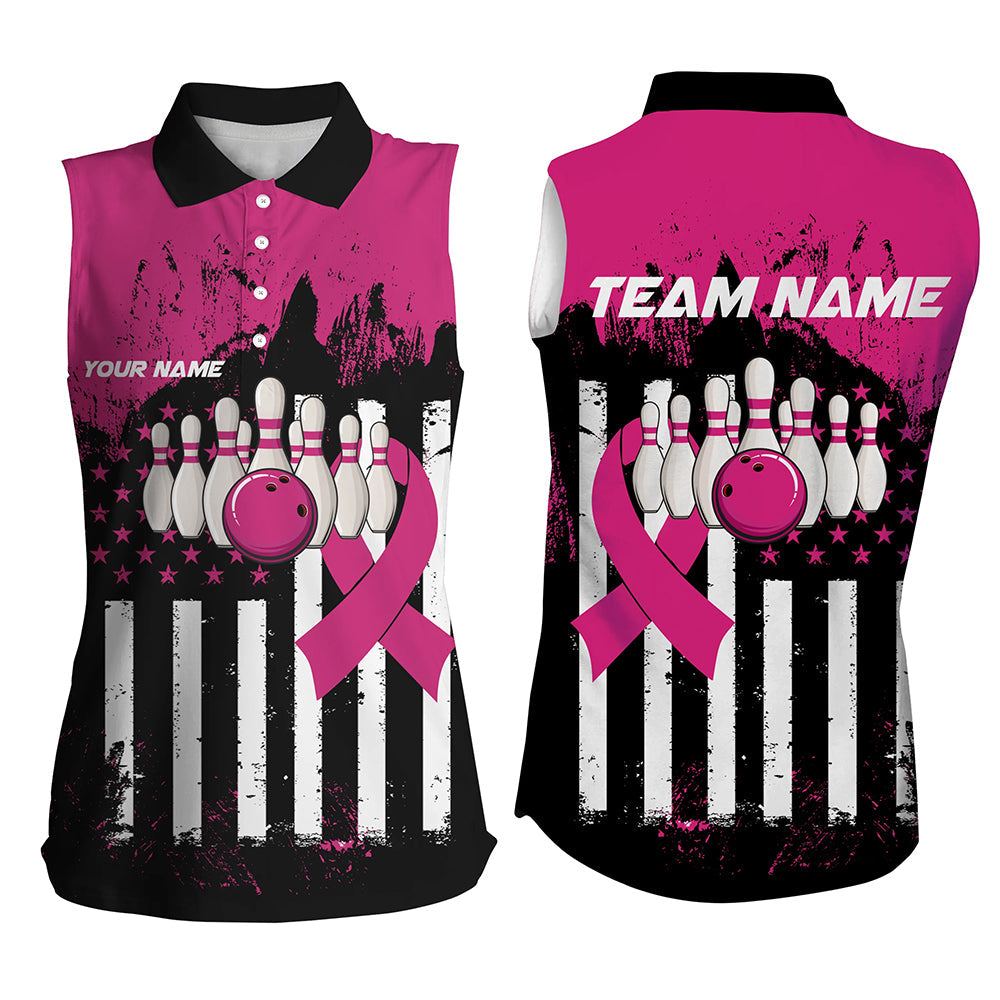 Pink and Black American flag Women Sleeveless Polo Shirt Custom Breast Cancer Awareness bowling jersey NQS8102