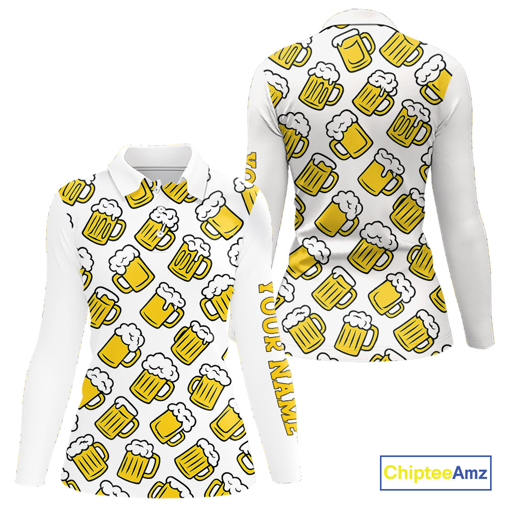 Funny Yellow beer pattern Women golf polo shirts custom fun golf shirts, cool golf gifts NQS10301