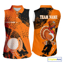 Load image into Gallery viewer, Black &amp; Orange Turkey golf Sleeveless golf polo shirts custom Thanksgiving golf shirt for Ladies NQS10722