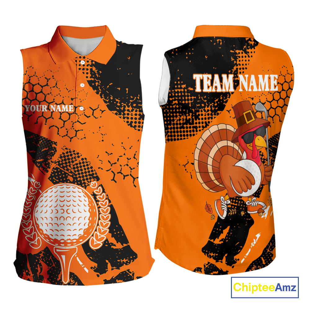 Black & Orange Turkey golf Sleeveless golf polo shirts custom Thanksgiving golf shirt for Ladies NQS10722