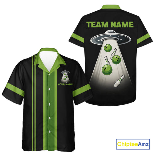 Black and Green ufo alien Retro Bowling Hawaiian shirt Custom Bowling Team button up shirt NQS10727