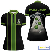 Load image into Gallery viewer, Black and Green ufo alien Retro Bowling Polo, Quarter Zip Shirts for Women Custom Bowling Team Jersey NQS10727