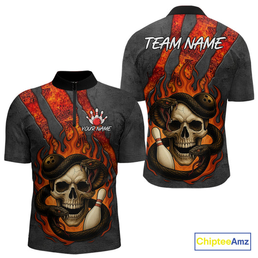 Red Flame Skull Snake Bowling Polo, Quarter Zip Shirts for Men Custom Team Bowling Jersey NQS10937