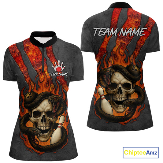 Red Flame Skull Snake Bowling Polo, Quarter Zip Shirts for Women Custom Team Bowling Jersey NQS10937