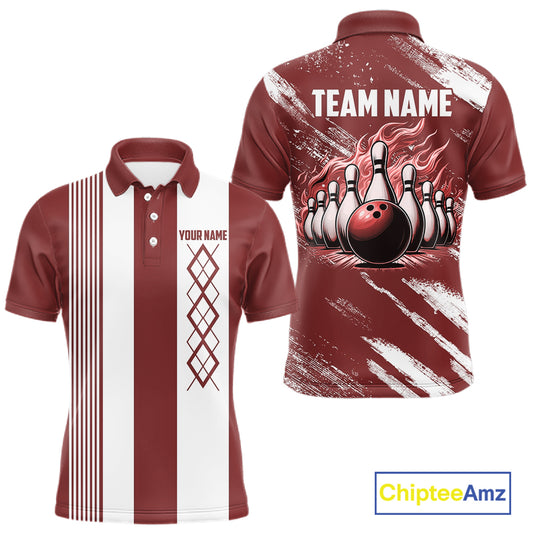 Red and White retro Argyle Flame bowling Men Polo, 1/4 Quarter Zip Shirts Custom bowling team jerseys NQS11313