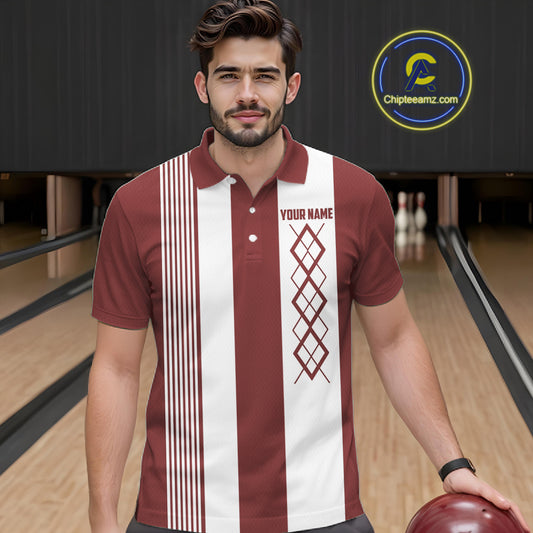 Red and White retro Argyle Flame bowling Men Polo, 1/4 Quarter Zip Shirts Custom bowling team jerseys NQS11313