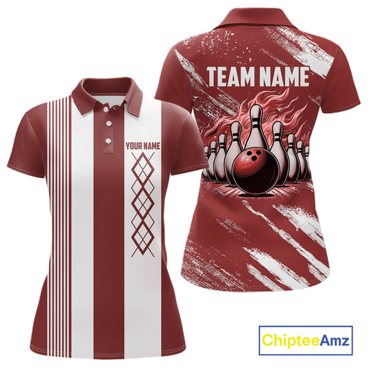 Red and White retro Argyle Flame bowling Women Polo, 1/4 Quarter Zip Shirt Custom bowling team jersey NQS11313