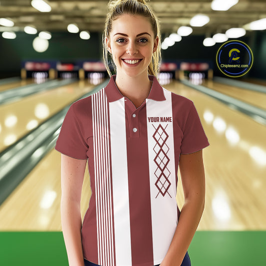 Red and White retro Argyle Flame bowling Women Polo, 1/4 Quarter Zip Shirt Custom bowling team jersey NQS11313