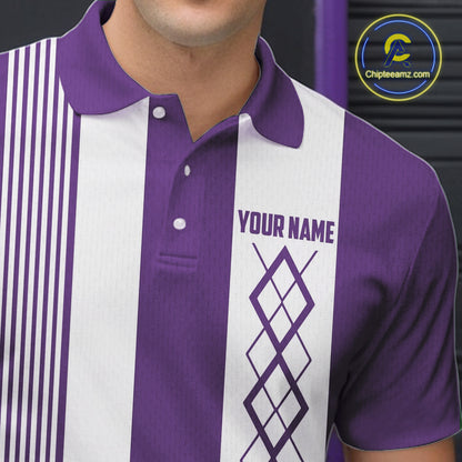 Purple & White retro Argyle Flame bowling Men Polo, 1/4 Quarter Zip Shirts Custom bowling team jersey NQS11314