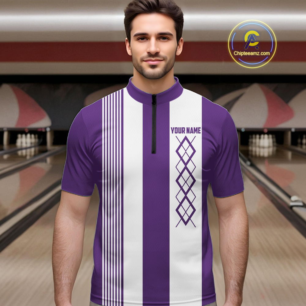 Purple & White retro Argyle Flame bowling Men Polo, 1/4 Quarter Zip Shirts Custom bowling team jersey NQS11314