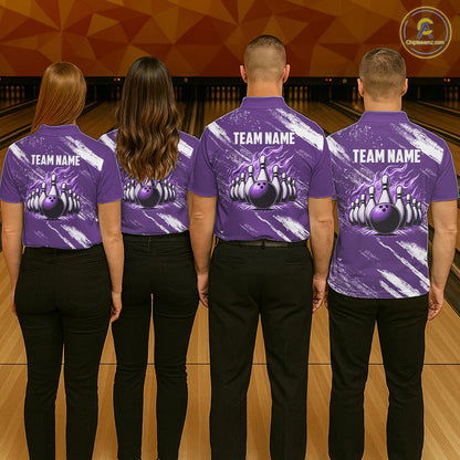Purple & White retro Argyle Flame bowling Men Polo, 1/4 Quarter Zip Shirts Custom bowling team jersey NQS11314