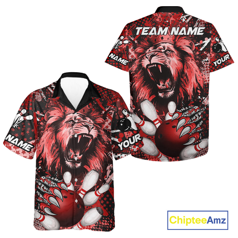 Red Camo Lion roar Bowling Hawaiian Shirt Custom Lion Bowling Team button up shirts NQS11523