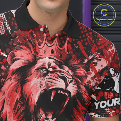 Red Camo Lion roar Bowling Polo, Quarter Zip Shirts for Men Custom Lion Bowling Team jerseys NQS11523