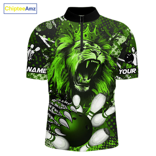 Green Camo Lion roar Bowling Polo, Quarter Zip Shirts for Men Custom Lion Bowling Team jerseys NQS11524