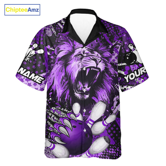 Purple Camo Lion roar Bowling Hawaiian Shirt Custom Lion Bowling Team button up shirts NQS11525