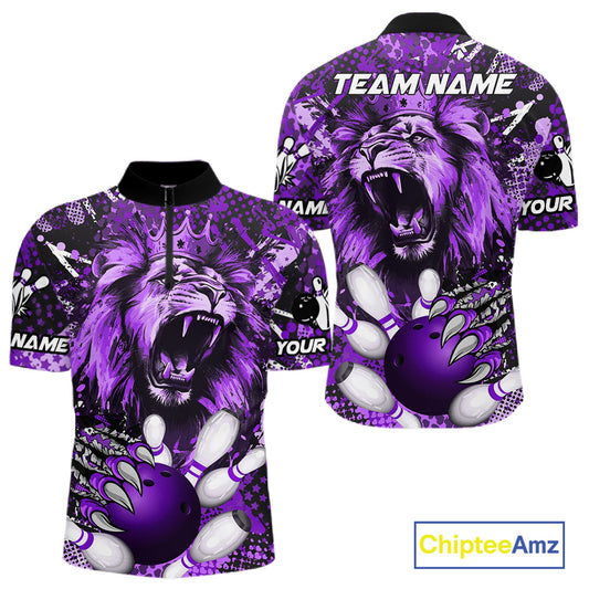 Purple Camo Lion roar Bowling Polo, Quarter Zip Shirts for Men Custom Lion Bowling Team jerseys NQS11525