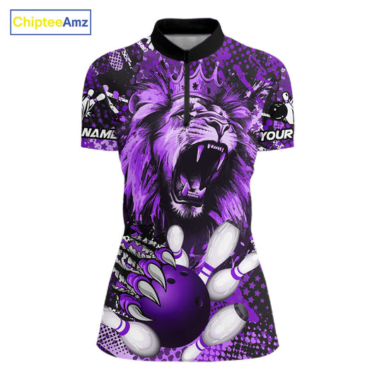Purple Camo Lion roar Bowling Polo, Quarter Zip Shirts for Women Custom Lion Bowling Team jerseys NQS11525