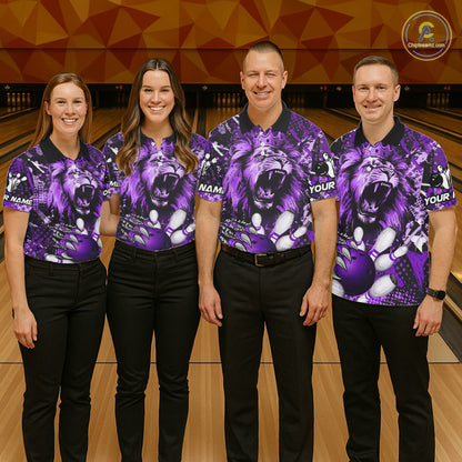 Purple Camo Lion roar Bowling Polo, Quarter Zip Shirts for Women Custom Lion Bowling Team jerseys NQS11525