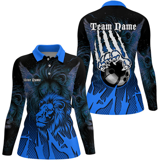 Black and Blue Lion Bowling Polo, Quarter Zip Shirts For Women Custom Team Lion Bowling Jerseys NQS9596