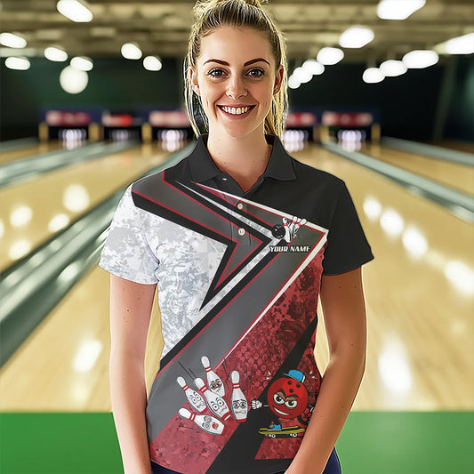 Funny Bowling ball and Pins Women bowling shirt Custom Camo Bowling Team Jersey, gift for Bowler | Red NQS9604